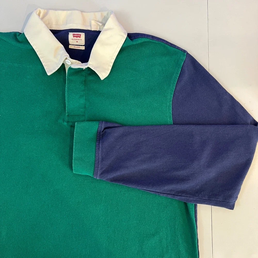 Levis Mens Relaxed Fit Rugby Shirt Green Navy Blue Long Sleeve‎ Polo M Preppy